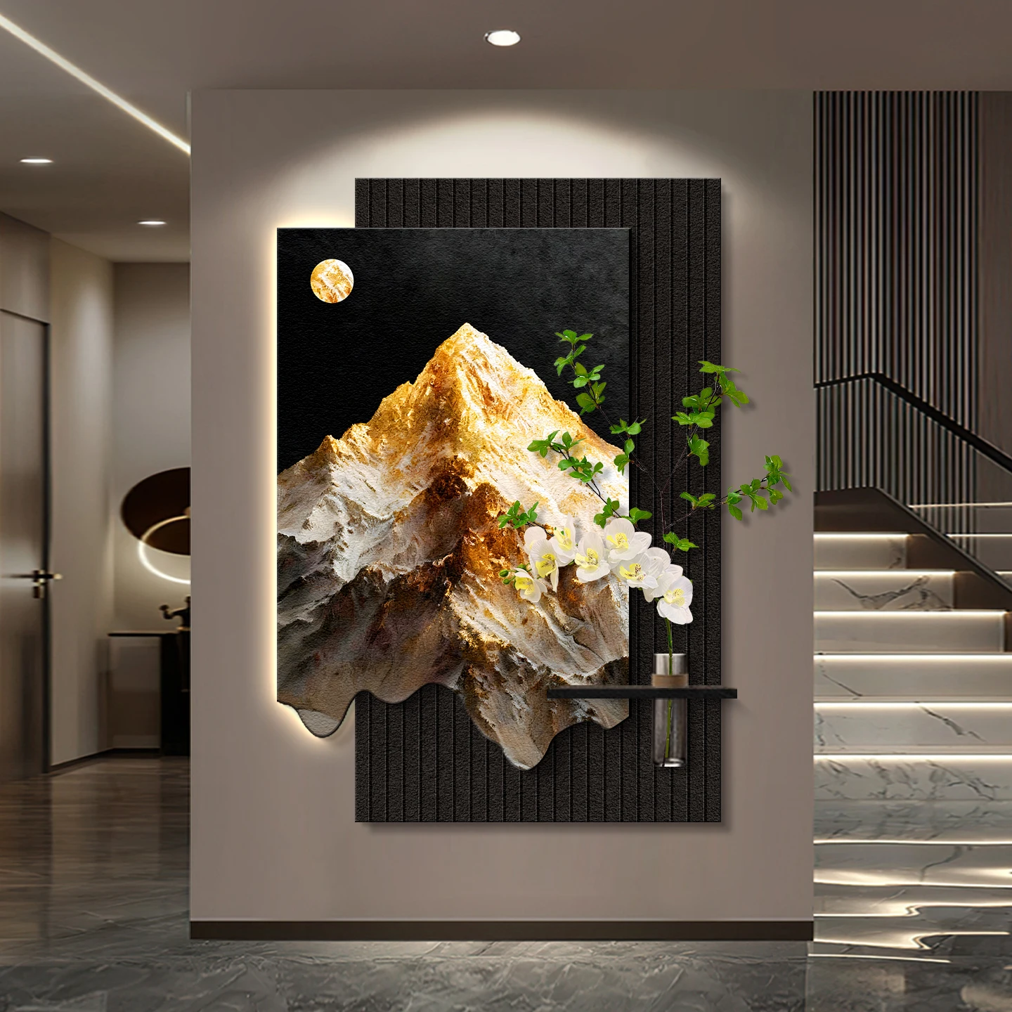 الحجر الرملي معلقة اللوحة الحديثة الفاخرة باب المدخل الديكور اللوحة المائية النباتات الخضراء الراقية الجدار مصباح اللوحة #3