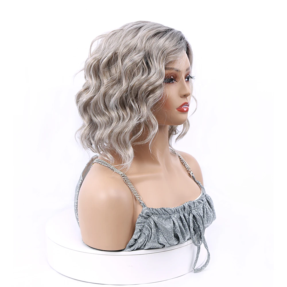 Silver Gray Natural Synthetic wig No bangs Women\'s Short Bob Wave Side Parting For Daily Fashion  Women Or Loveliness Mom