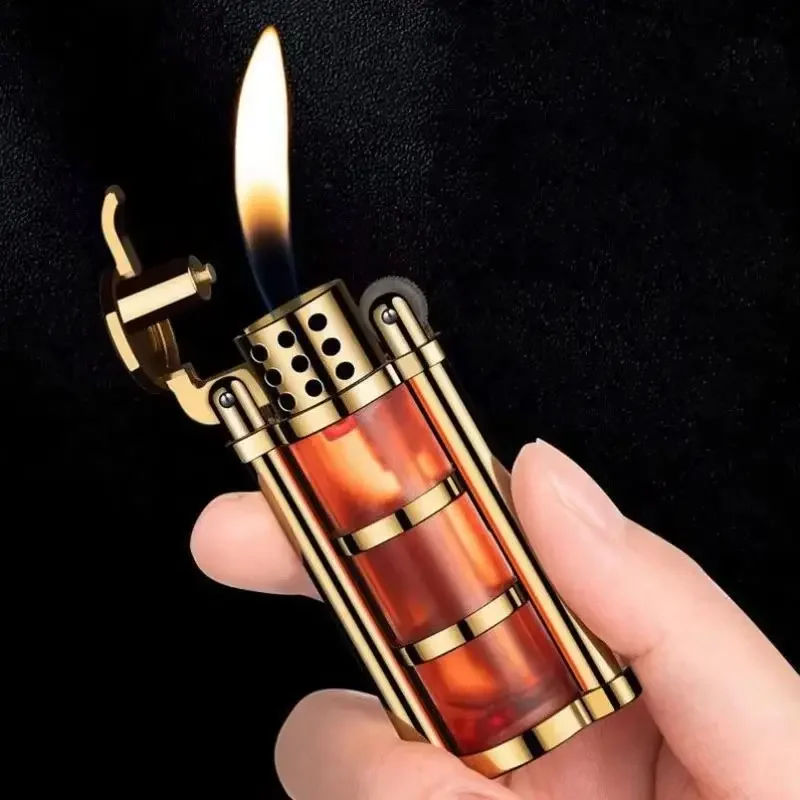 

Retro Transparent Fuel Tank Gas Lighter Vintage Metal Grinding Wheel Lighter Men's Smoking Gadget Gift