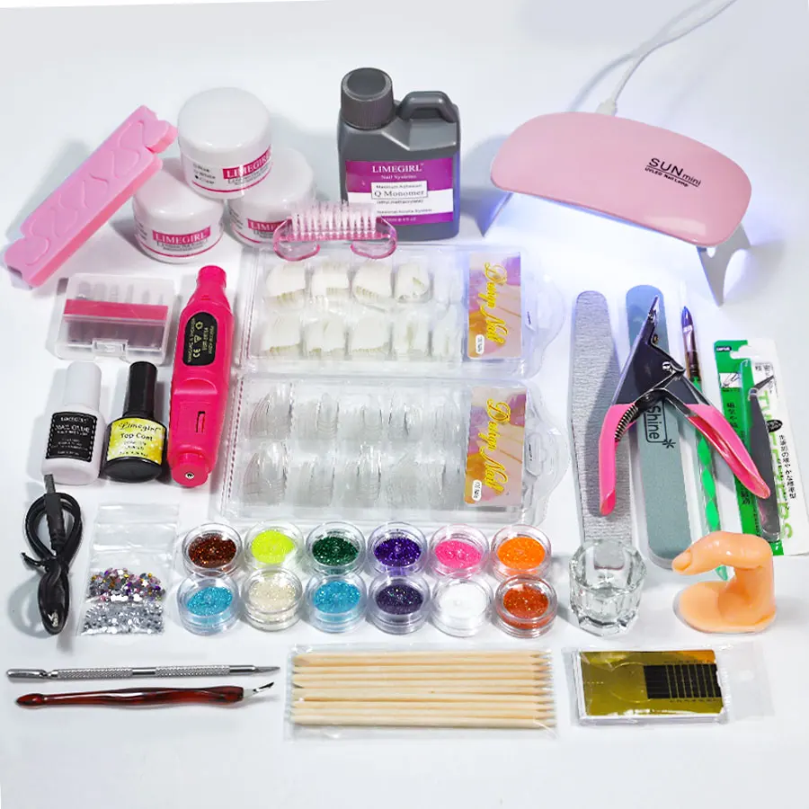 Full Nail Manicure Set Acrylic Nail Kit With Drill UV Light Nail Glue Glitter Powder Nail Tips Nail Art Profession Tool Kit