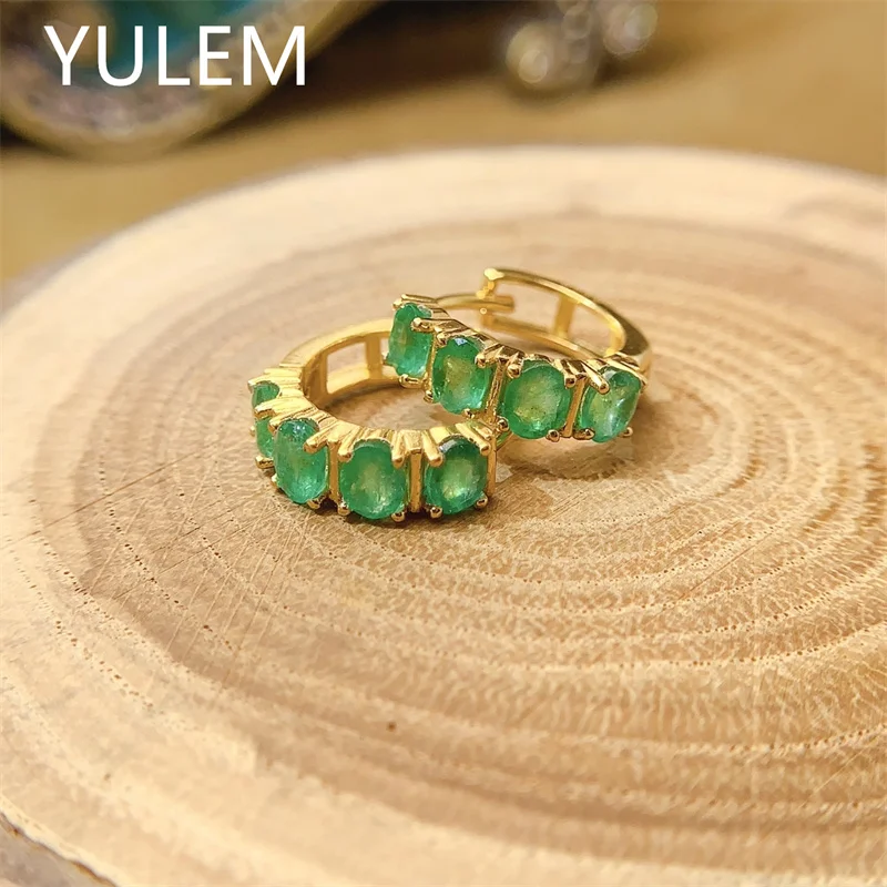 YULEM Natural Emerald Huggie Hoop Earrings S925 Sterling Silver Gold Plated Oval Gemstone Women Fine Earrings
