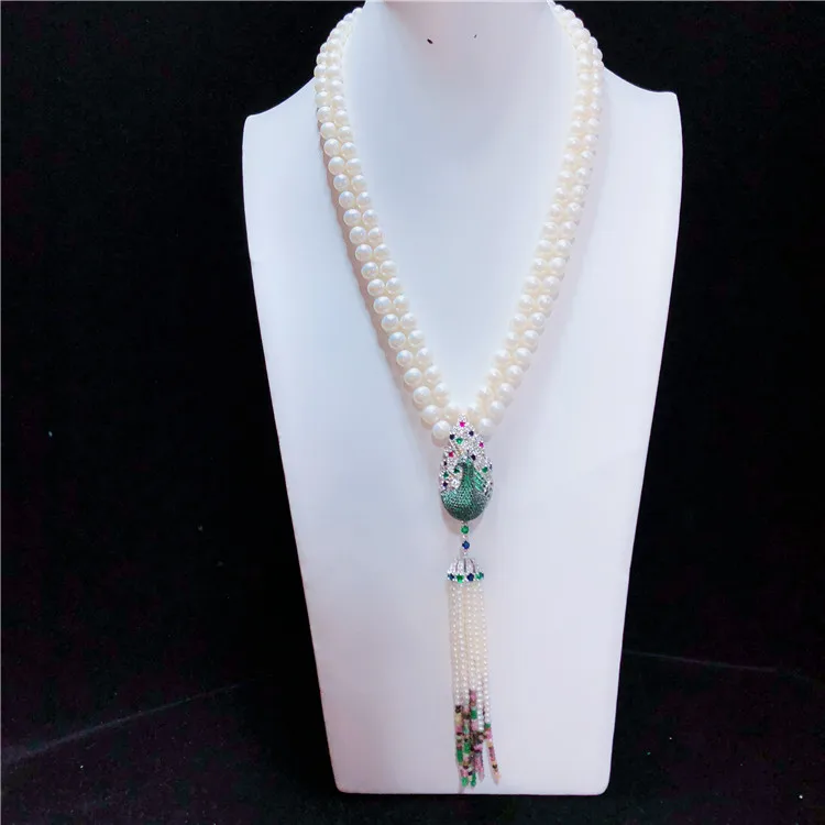 Hand knotted natural 2 rows 8 mm white Shell pearl color peacock micro inlay zircon accessoriese clasp sweater necklace