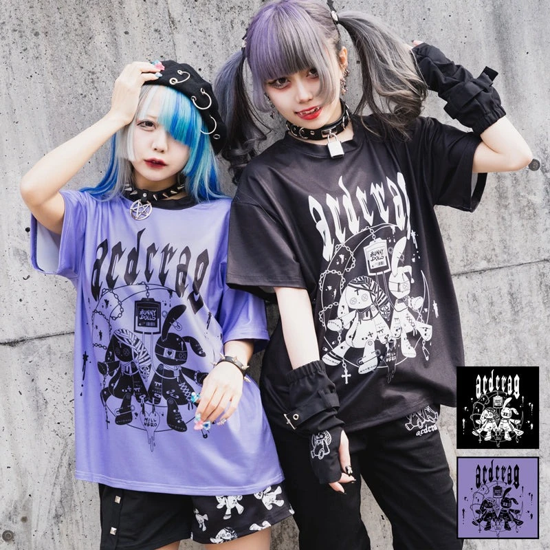 Japanese Original Kawaii Girls Harajuku Style T-shirt Kids Gothic Printed Short Sleeved Y2k Adult Subculture Role-playing Top