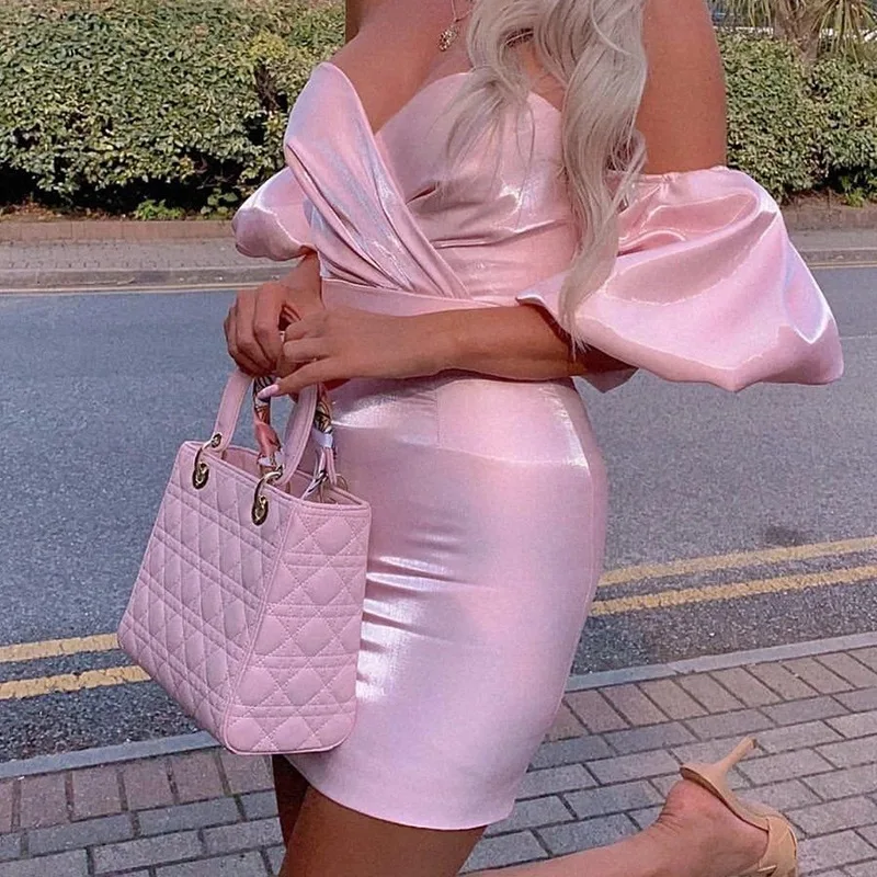 Vestido de Fiesta Rosa de Un Solo Hombro, Vestido Corto con Tirantes, Estilo Tubo, Falda Corta, Estilo Cruzado en el P, V...