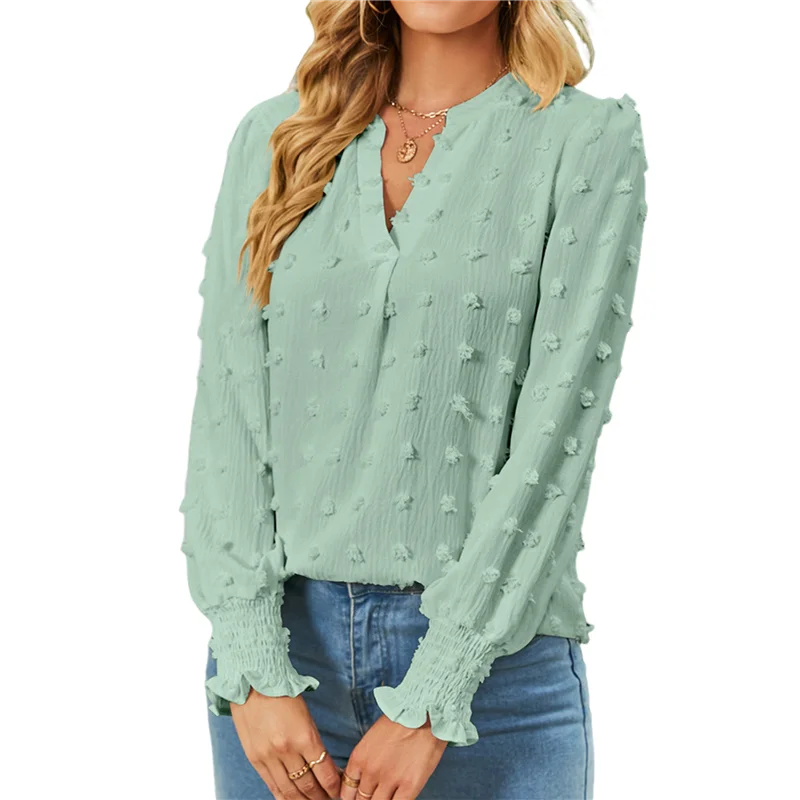 

CGS-Womens Dot V Neck Ruffle Sleeve Blouse Flowy Shirts Casual Solid Work Tops