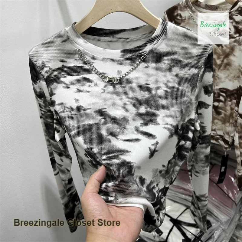 

French style fashion design high waist ink painting chain long sleeve T-shirt women's autumn new temperament bottoming shirt top
