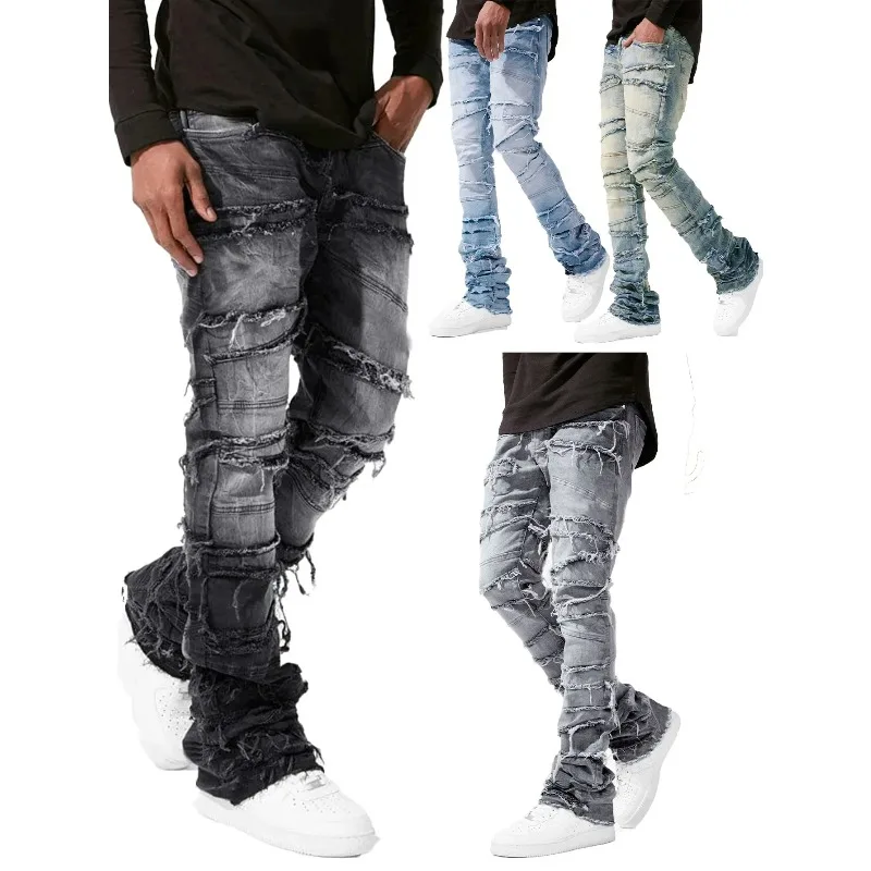 New Stacked Jeans Men Patchworks Spliced Denim Ripped Wash Frayed Pants Male's Streetwear