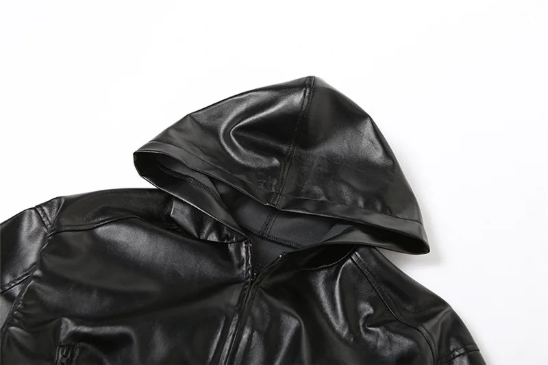 Black Hooded Cool Leather Jacket Spring Autumn Korean Loose-Fit Slim Short Zipper Motorcycle Jacket