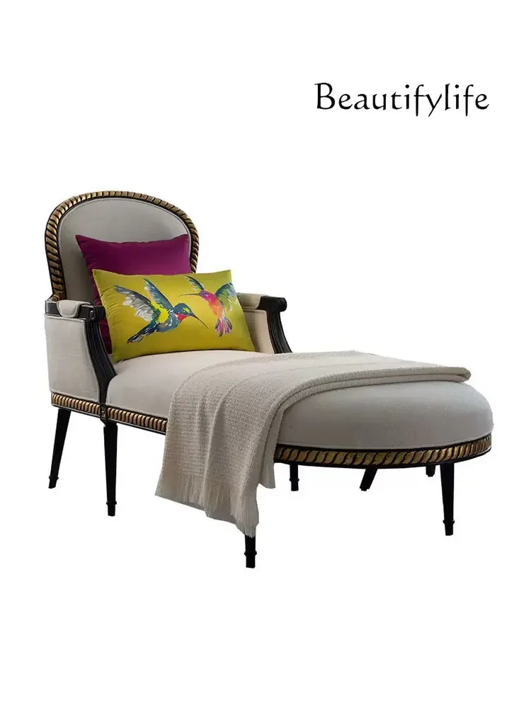 l  French antique solid wood chaise longue living room balcony fabric sofa recliner