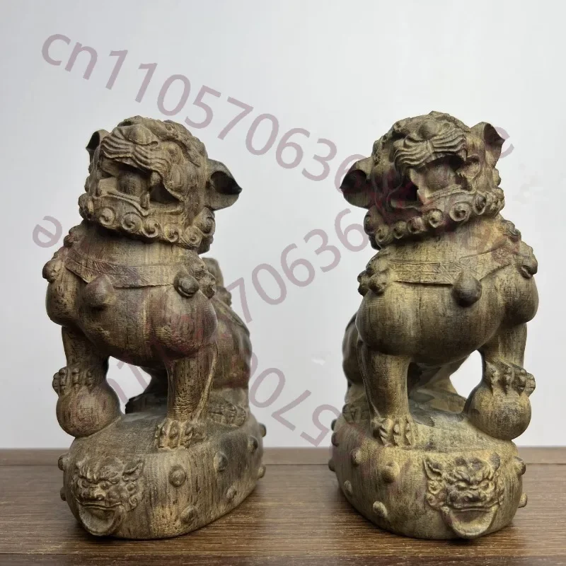 Hand-Carved Agarwood Foo Dog Lion Pair - 5.3"H Feng Shui Statue, Wealth Lucky Guardian, Home Decor, Housewarming Gift
