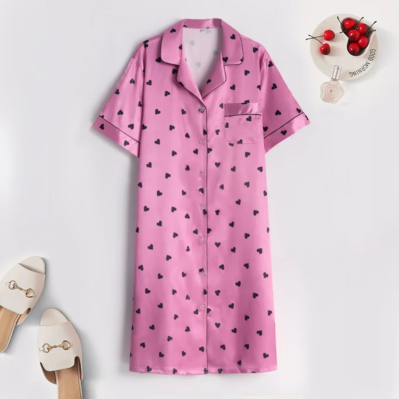 

Oversize Summer Purple Print Satin Nightshirt Womens Dress Gown Lapel Shirt Sleepwear Loose Nightgown With Buttons Loungewear
