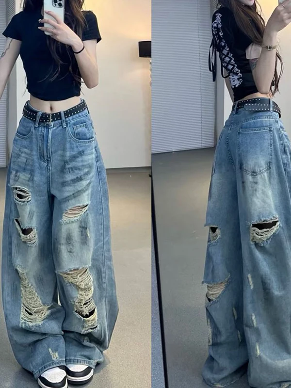 American High Street Sle Damen-Sommer-Jeans mit lockerem, weitem Bein, zerrissene Denim-Hosen, lässiges Vintage-Design, kleine Größe, freundlich