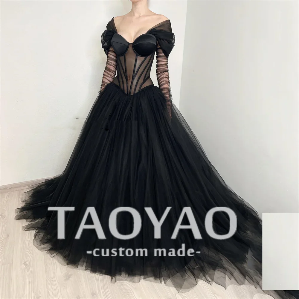 

Sexy Black Tulle Gothic Wedding Dress Off Shoulder V-Neck Evening Dresses A Line Floor Length Bridal Gown Vestido De Novia