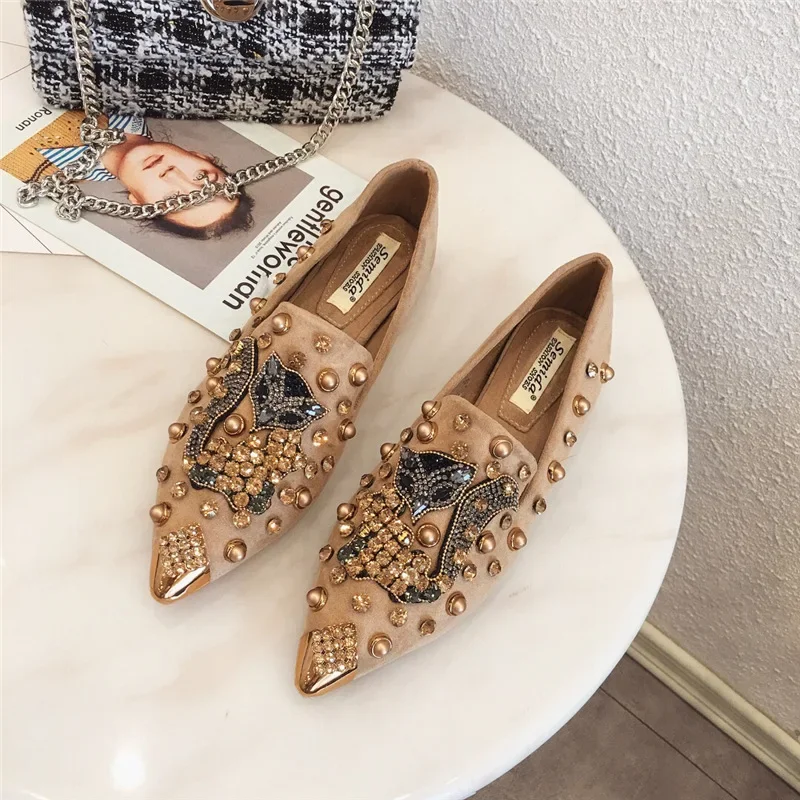 2024 Shoes for Women Flat Shoes Luxury Crystal Fox Casual Shoes Comfortable Fashion Pointed Toe Slip-on Loafers