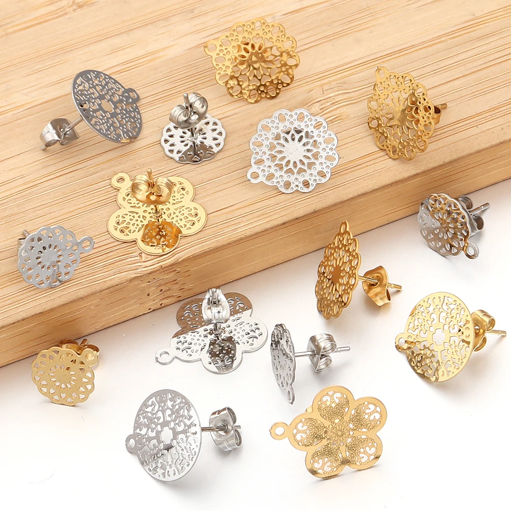 2pcs Stainless Steel Flower Ear Studs Metal Hollowed Out Earrings Base With Earplugs For DIY Jewelry Making Earrings Accessories - view 6