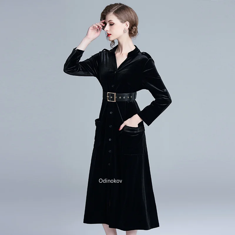 

2024 Office Lady Spring Autumn Winter Velvet Long Sleeve Black Dress Robe Trench Coat for Women