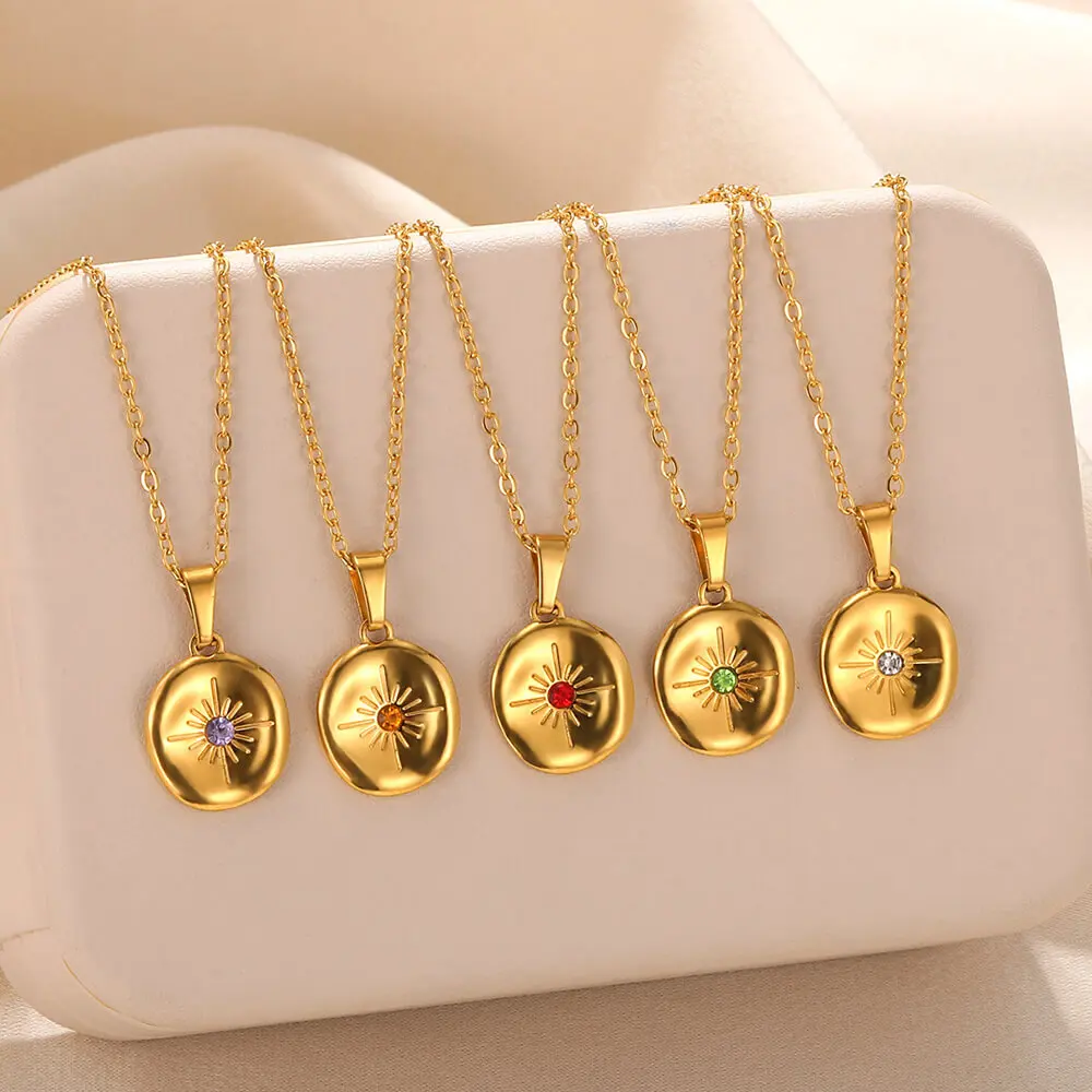 Retro Natural Stone Sun Pendant Necklace For Women Gold Color Stainless Steel Chain Fashion Bohemian Jewelry Gift