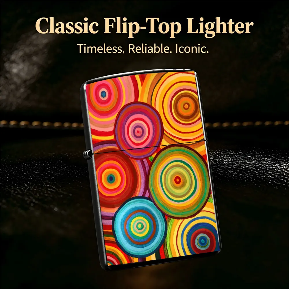 Pocket Lighter, Flip-Top Windproof Design, Metal Case, Colorful Circles Print, Comfortable Grip, Portable Refillable, Stylish Gift for Men Women