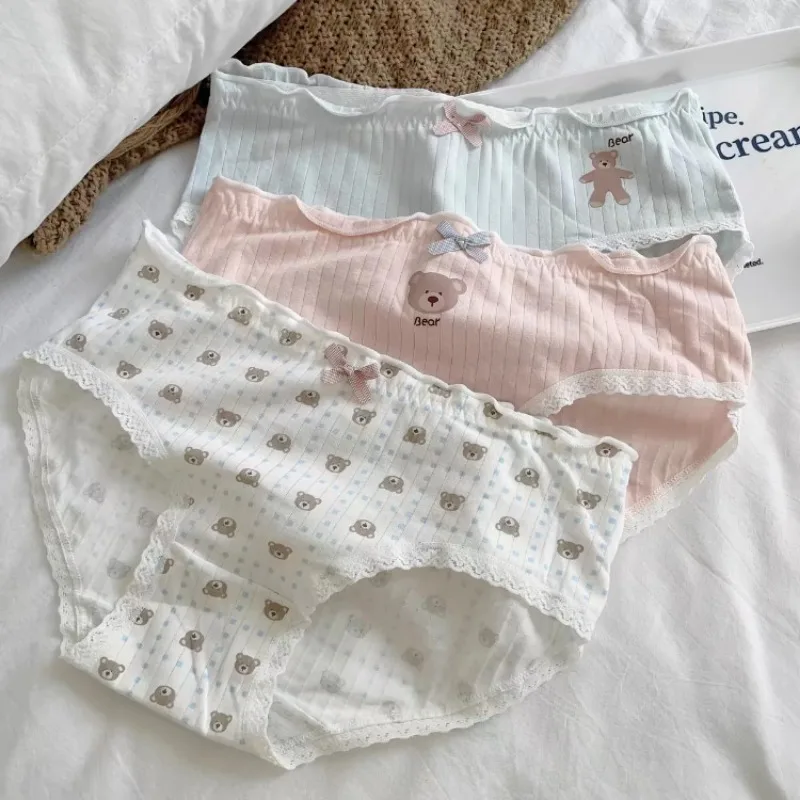 Girl's Japanese Cute Panties Sweet Butterfly Cherry Thread Cotton Mid Waist Underpants Girls Cartoon Plaid Bear Print Briefs