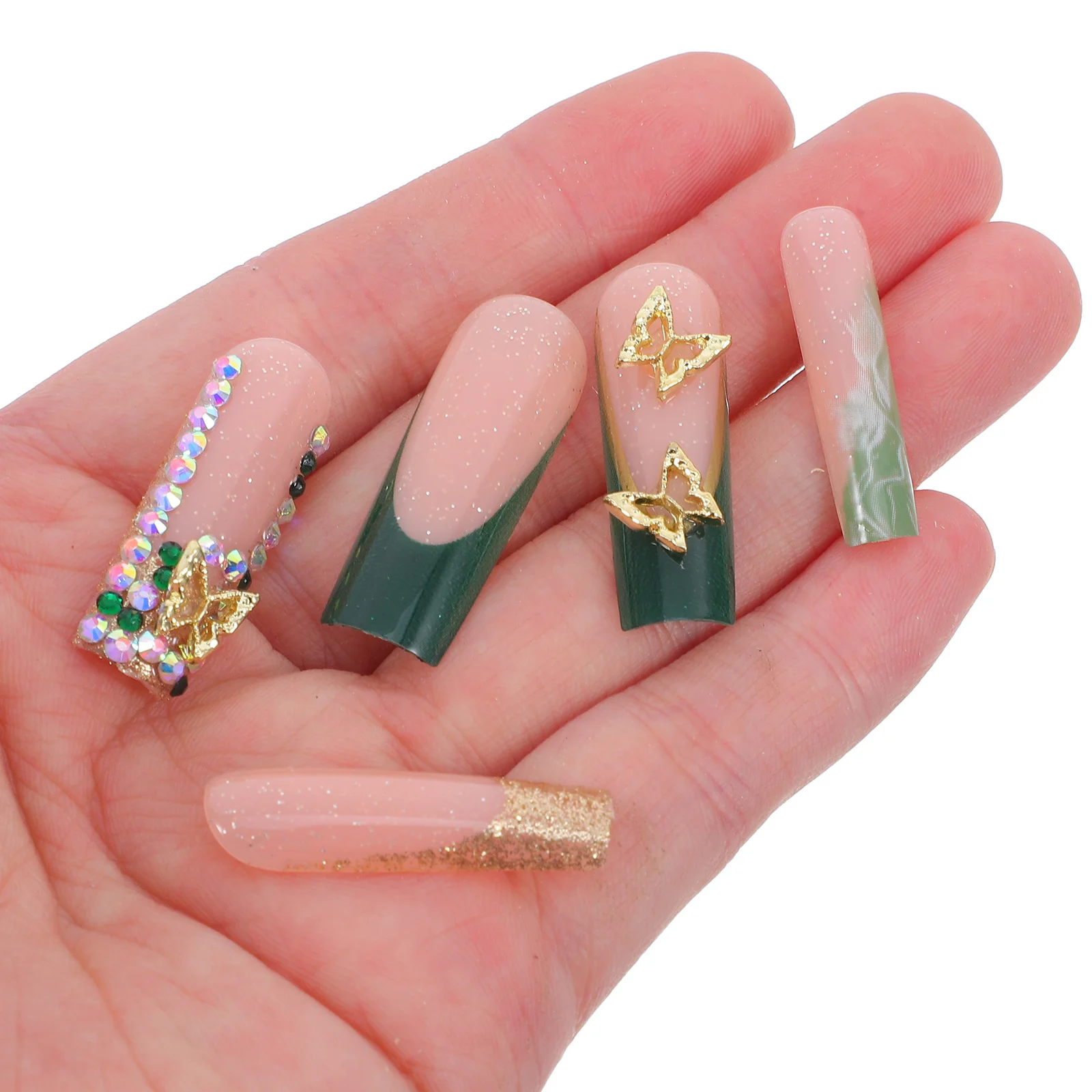 

24Pcs Fake Nails French Tip Glitter Butterfly Press on Nails Long Removable False Nail Tips for Women Elegant Party