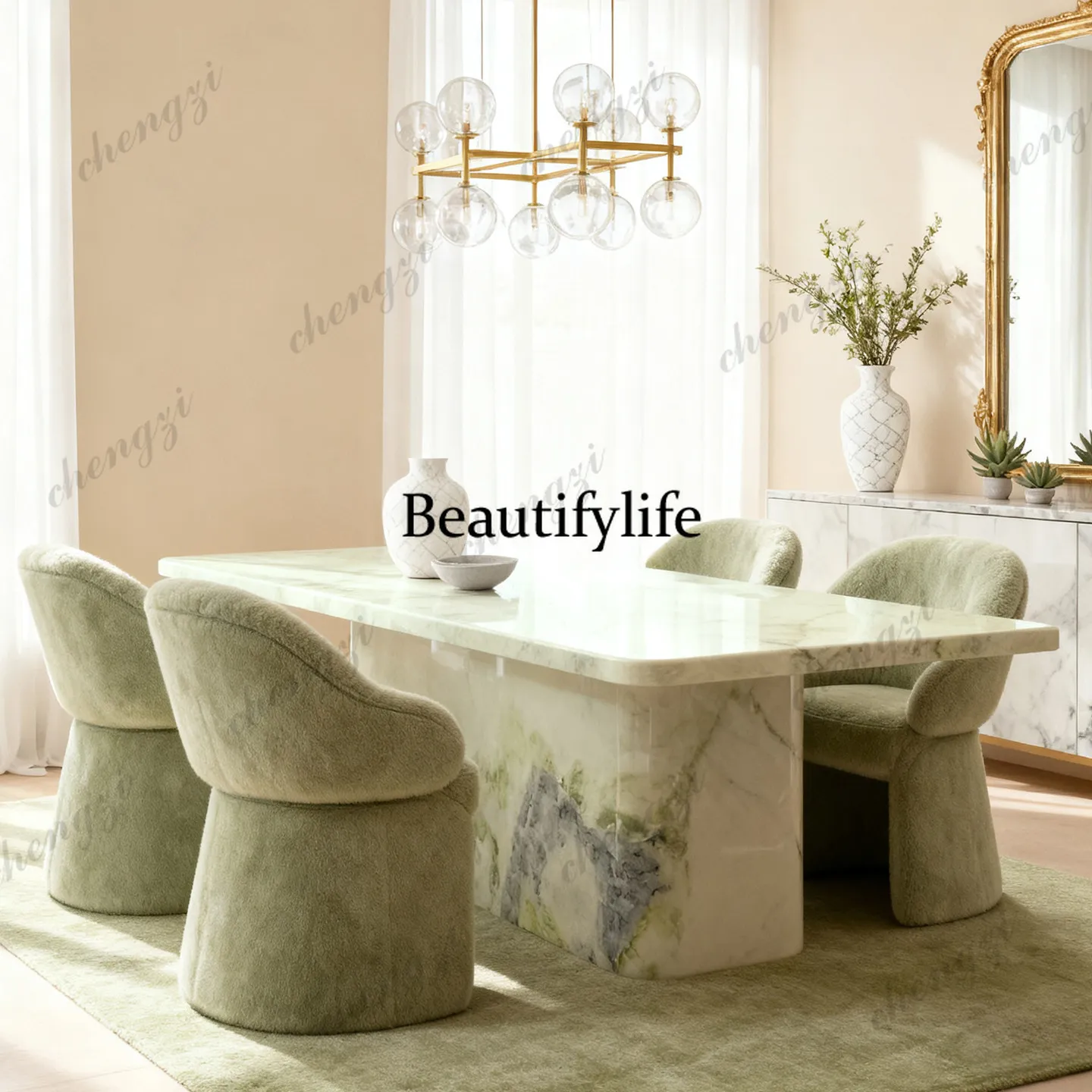 P37 Italian light luxury rectangular dining table natural marble villa model room dining table