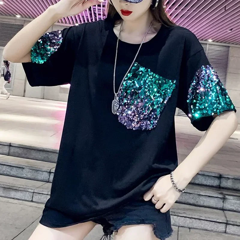 Women High Street Casual Loose Pullovers Cotton Sequin Patchwork Chic Tops Summer New Round Neck Fashion Short Sleeve T-Shirts