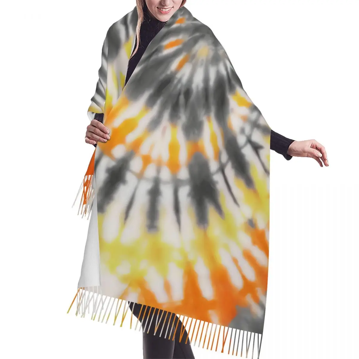 Custom Stylish Tie Dye Grey Orange And Yellow Tassel Scarf Women Winter Fall Warm Shawls Wraps Female Traditional Dyeing Scarves