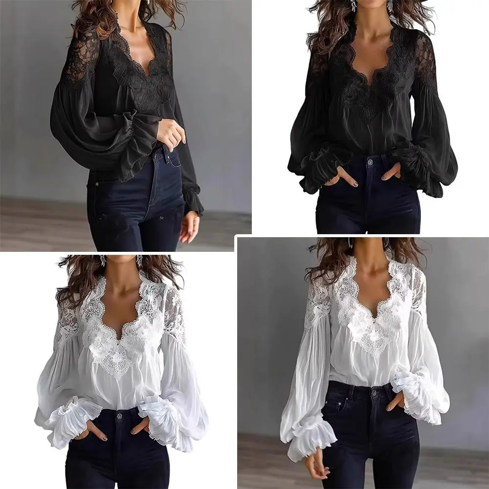 

Fashion Summer Women's Blouse Long Sleeve Elegant V-neck Blouse Solid Color Casual Lantern Sleeve Blouse