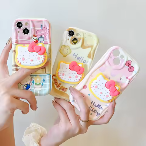 For Samsung Galaxy S20 FE S21 Ultra S22 S23 S24 Plus M14 M54 A50 A30S Chic Hello Kitty Grip Tok Holder Wave TPU Soft Phone Case