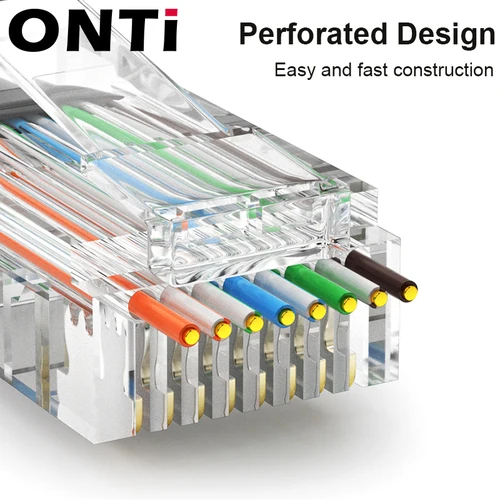 Imagen 2 del producto ONTi 10/50 Uds CAT6 CAT5E paso a través de conectores de red de enchufe Modular RJ45 UTP 50μ extremo de engarzado 8P8C chapado en oro para Cable Ethernet
