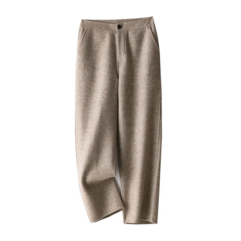 Nuevos pantalones caqui de lana gruesos y cálidos sueltos rectos lisos Vintage para mujer, pantalones de cintura alta hasta el tobillo para Otoño e Invierno para mujer