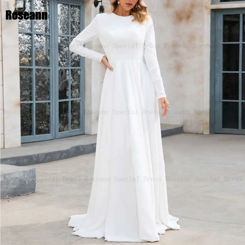 Robes de mariée A-Line, robe de mariée à la mode, col rond, plissé entièrement drapé, appliques, traîne en brosse, longueur au sol, robe de mariée musulmane