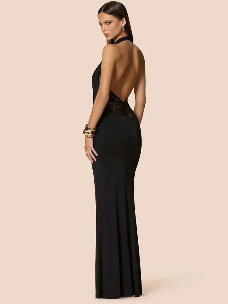 차샤오아 홀터 레이스 V넥 섹시 맥시 드레스 여성용 가운 우아한 레이스 시스루 오프숄더 백리스 바디콘 클럽 파티 롱 드레스