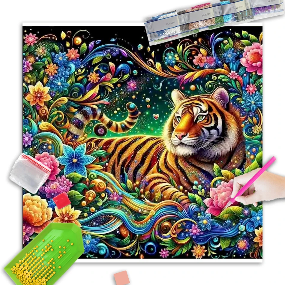 

GATYZTORY DIY Diamond Mosaic Tiger Animal Acrylic Craft Supplies Painting Rose Flower Picture Rhinestones Unique Gift