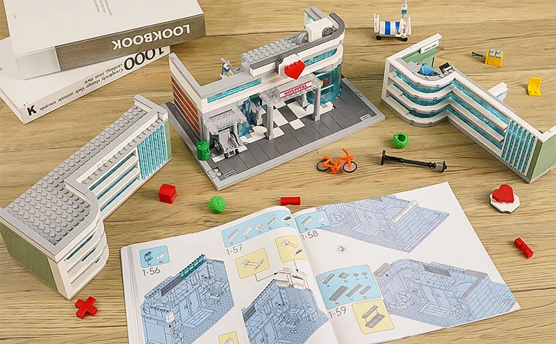 City Hospital Toy Building Set with LED Lighting, Compatible with Lego, Modular Three-Story Architecture Set for Adults, Gift Id
