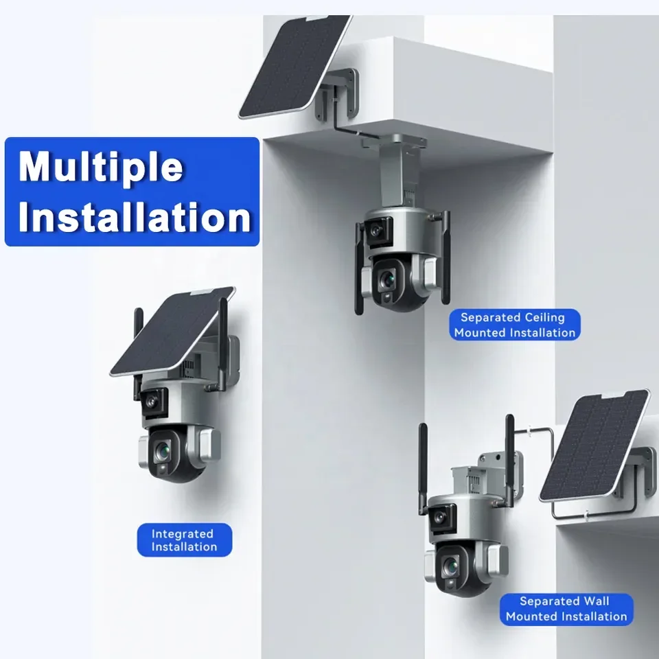 PTZ 4MP 4G 4K HD 10X Zoom لاسلكي خارجي يعمل بالطاقة الشمسية الأمن IP المسار البشري 8MP عدسة مزدوجة CCTV WIFI 4g كاميرا Ptz الشمسية
