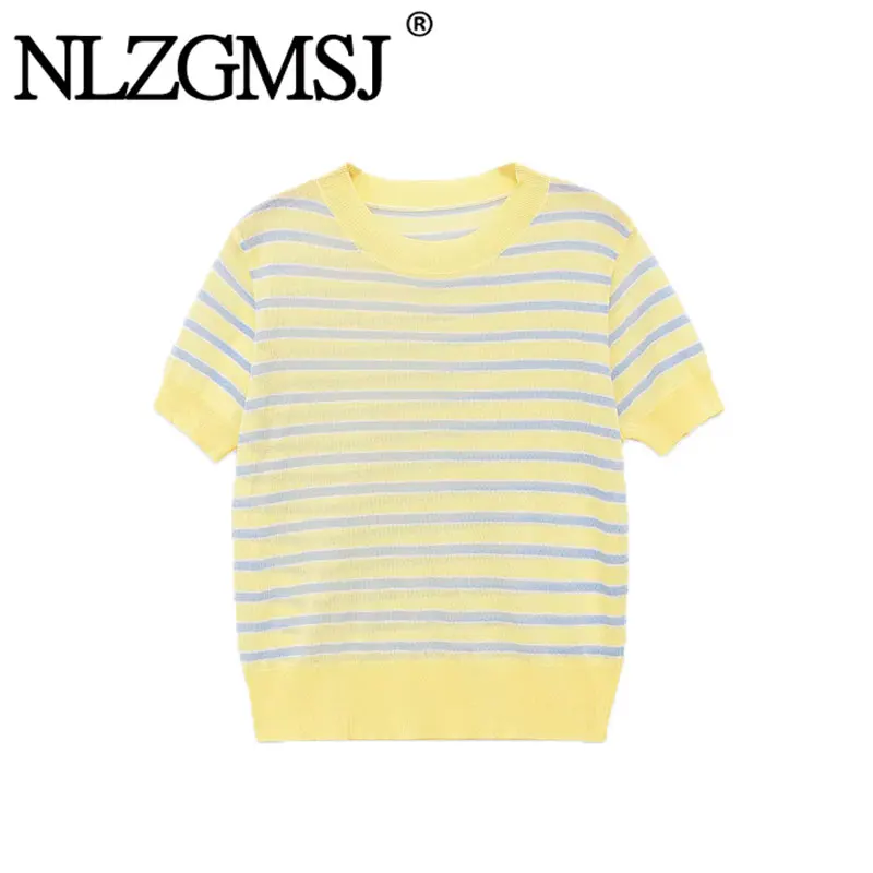 

Nlzgmsj 2026 Elegant Fashion Yellow Blue Striped Short Sleeve Knit Blouse Women Crew Neck Slim Fit Summer Knitwear