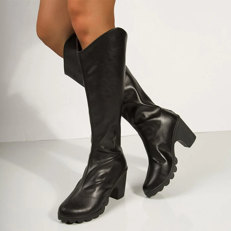 

Elegant High Heel Black Long Boots Women Spring Autumn Comfort Loose Square Heel Boots Woman Round Toe Modern Botas Female