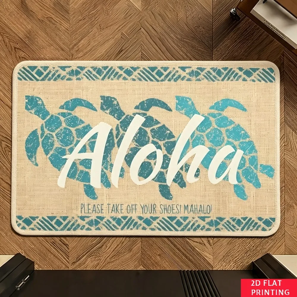 Aloha Turtle Hawaiian Welcome Mat Beige Linen Texture Blue Silhouette Script Text Print Non Slip Outdoor Porch Rug For Tropical