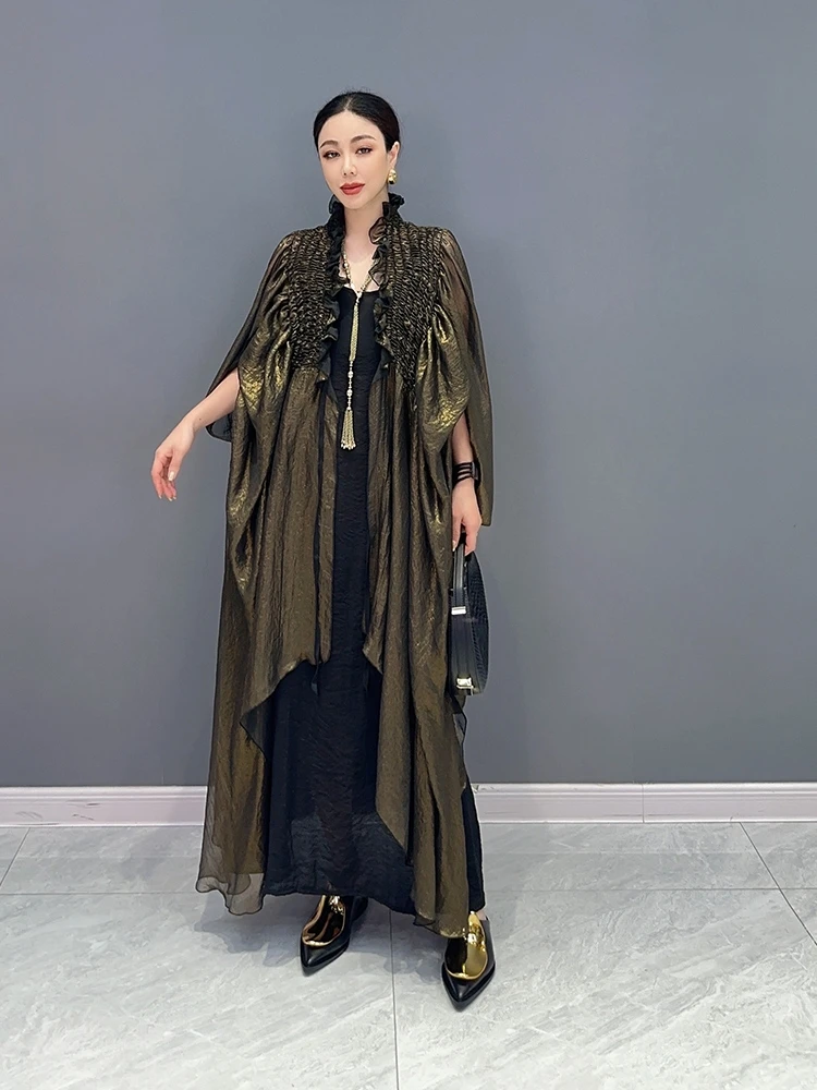 The new summer 2023 women long coat dust coat cloak cloak luxuriant satin pressure plait loose loose skirt joker