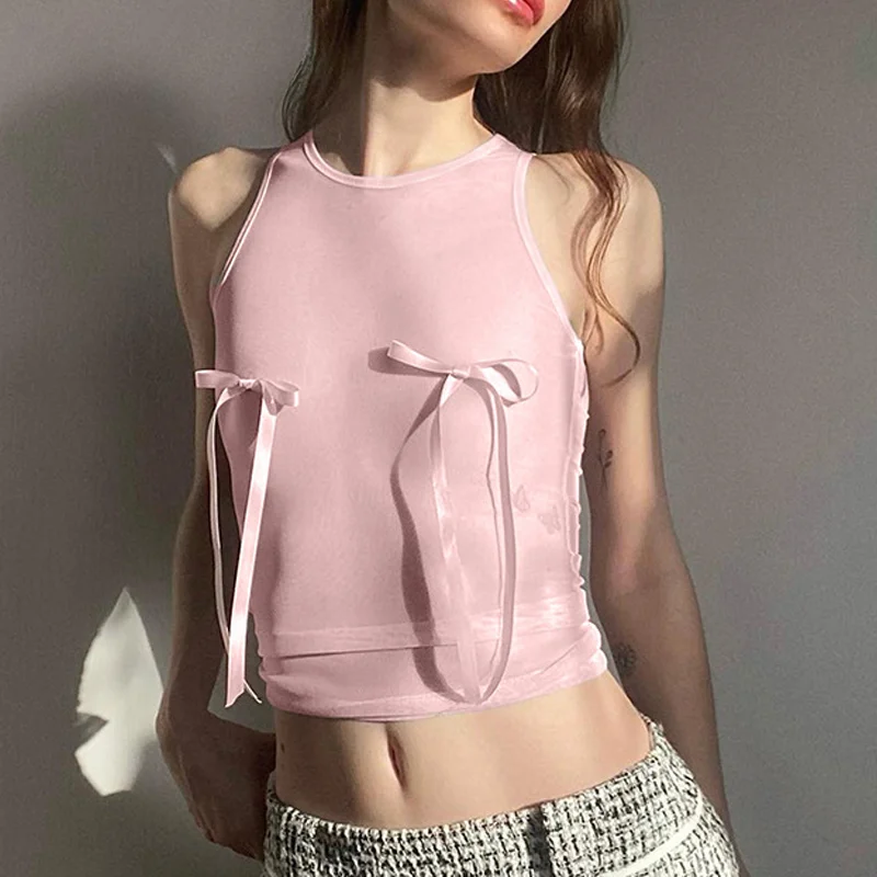 

3d Bow Knot Baby Pink Mesh Sheer Sexy Crop Tops Y2k Coquette Soft Girls Summer Tank Tops for Women 2023