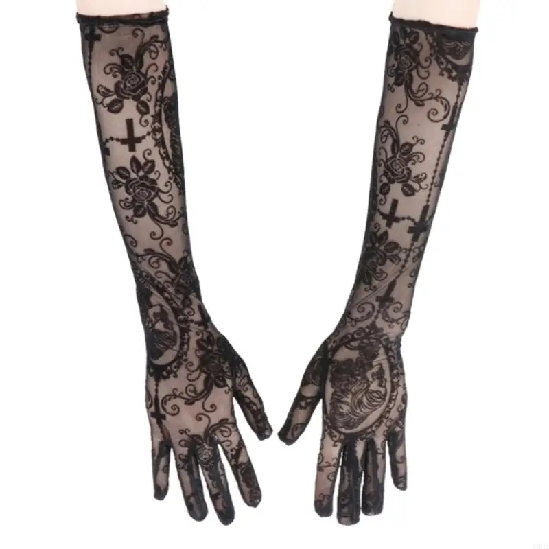Stretchable Halloween Gloves Embroidered Skull Crosses Pattern Roleplay Accessory 