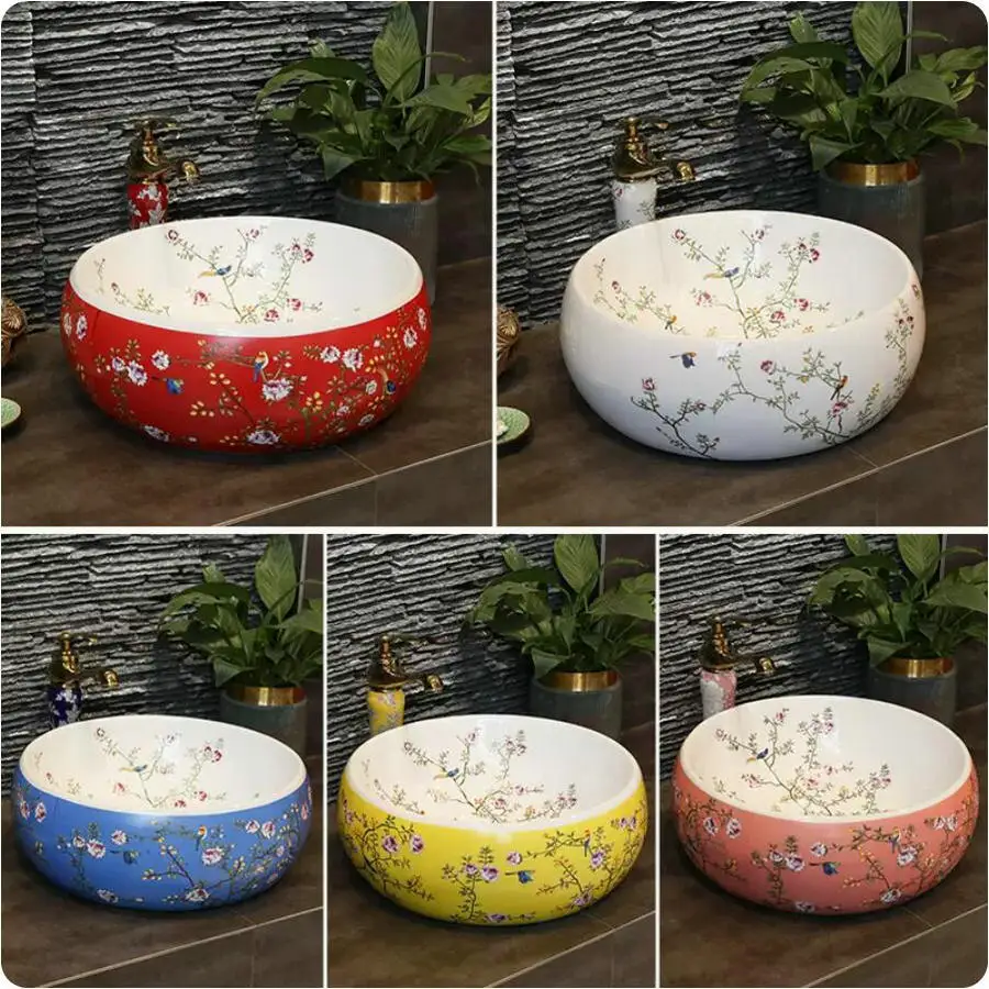 

Colorful Birds And Flower Twigs Artistic Washbasin Ceramic Countertop Bathroom Sink