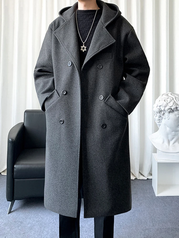 

Men's Mid-Length Woolen Coat with Hood Faionable Casual Sle Autumn Winter Warmth Anti-Cold Proced Flat Front ket