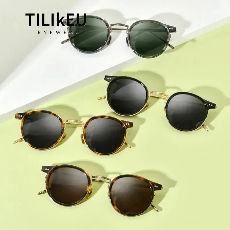 Vintage Leopard Print Acetate Titanium Round Sunglasses Classic Retro Men and Women Outdoor Driving Polarized Sun Glasses UV400