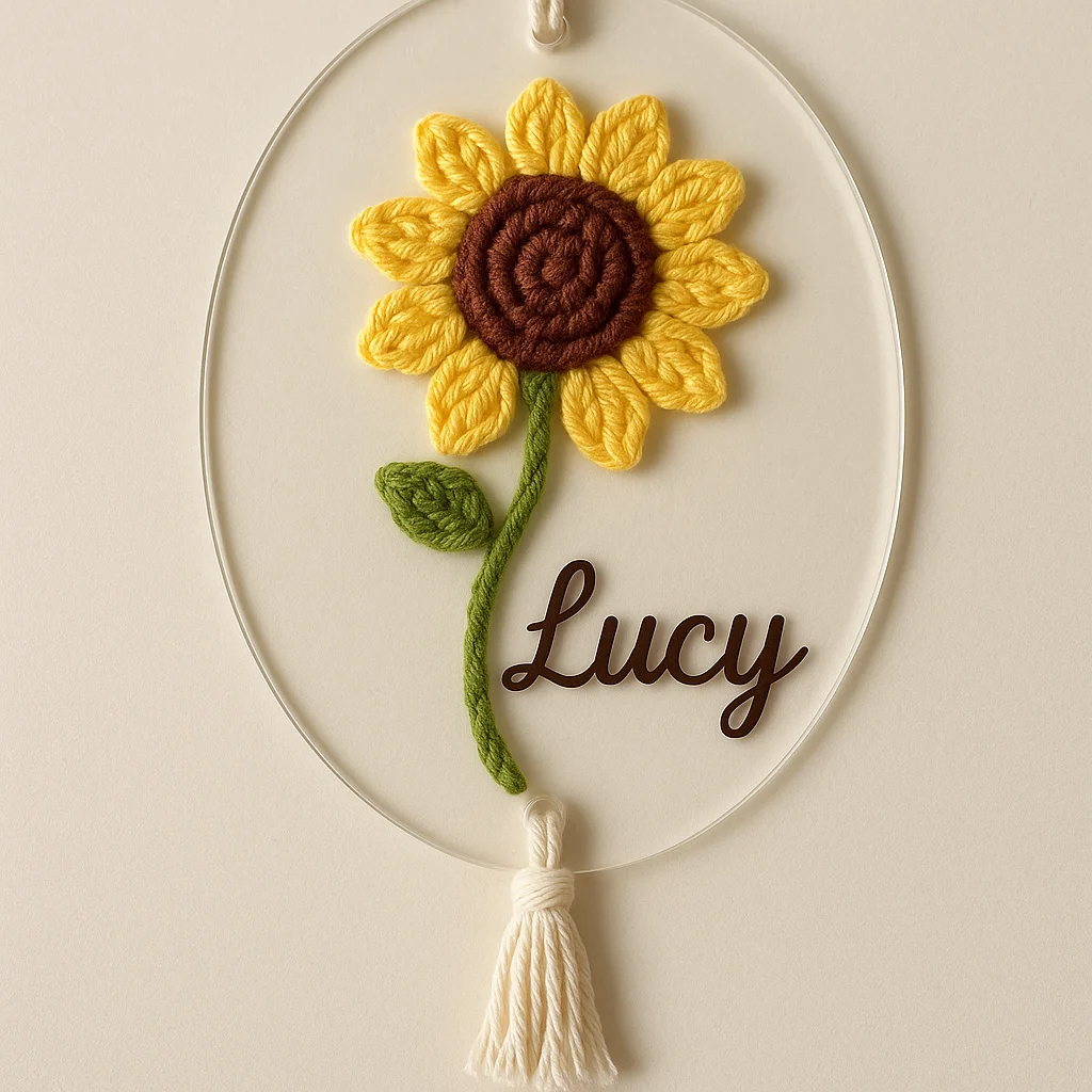 Custom Acrylic Name Sign with Handmade Crochet Sunflower – Personalized Door Plaque for Bedroom Decor Newborn Gift