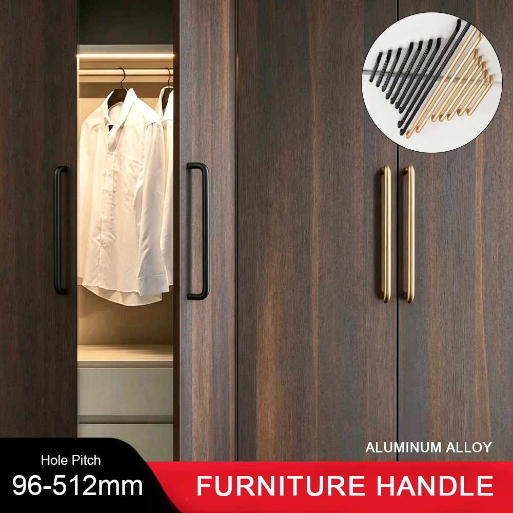 2Pc U-Shaped Kitchen Cabinet Handles Black and Gold Dual-Color Multiple Sizes Cabinet Door and Drawer Furniture Handles 96-512mm