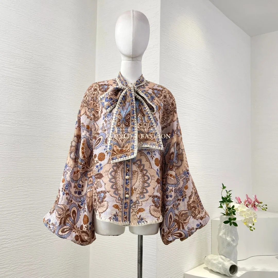 

2025 New High Quality Floral Print Ramie Full Lantern Sleeve Bow Tie Ramie Blouse and Belted Linen Shorts Women Set Outfit