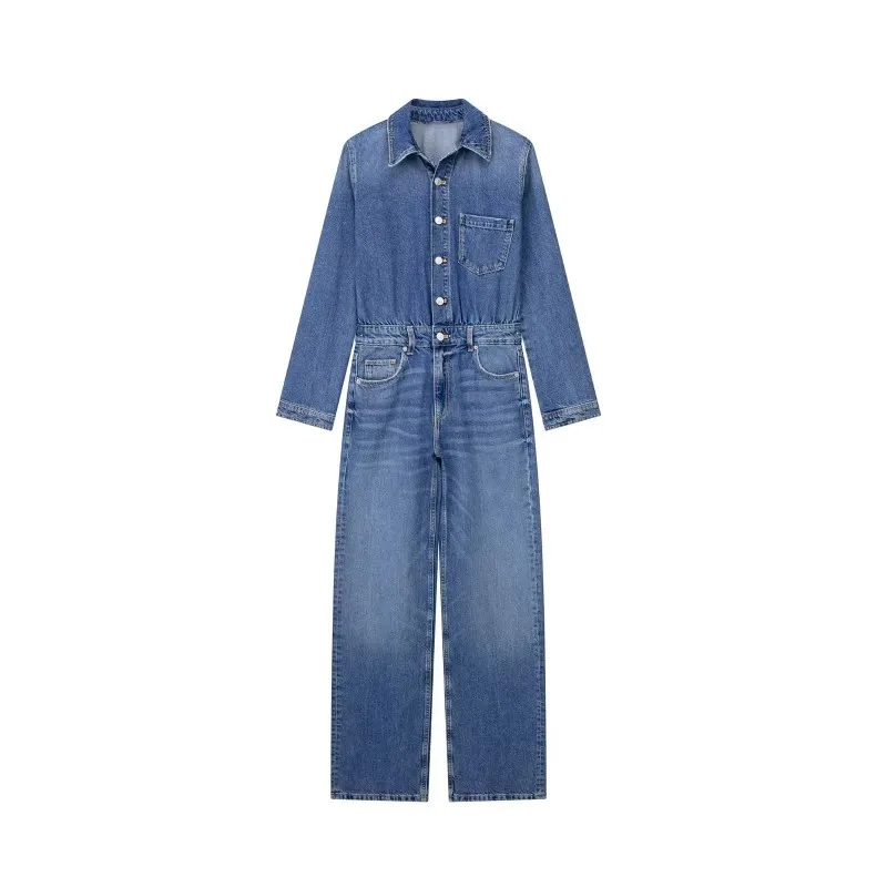 European And American Style Blue Denim High Waisted Jumpsuit Women'S Spring And Autumn Collar Casual Fashion Pants Straight Leg