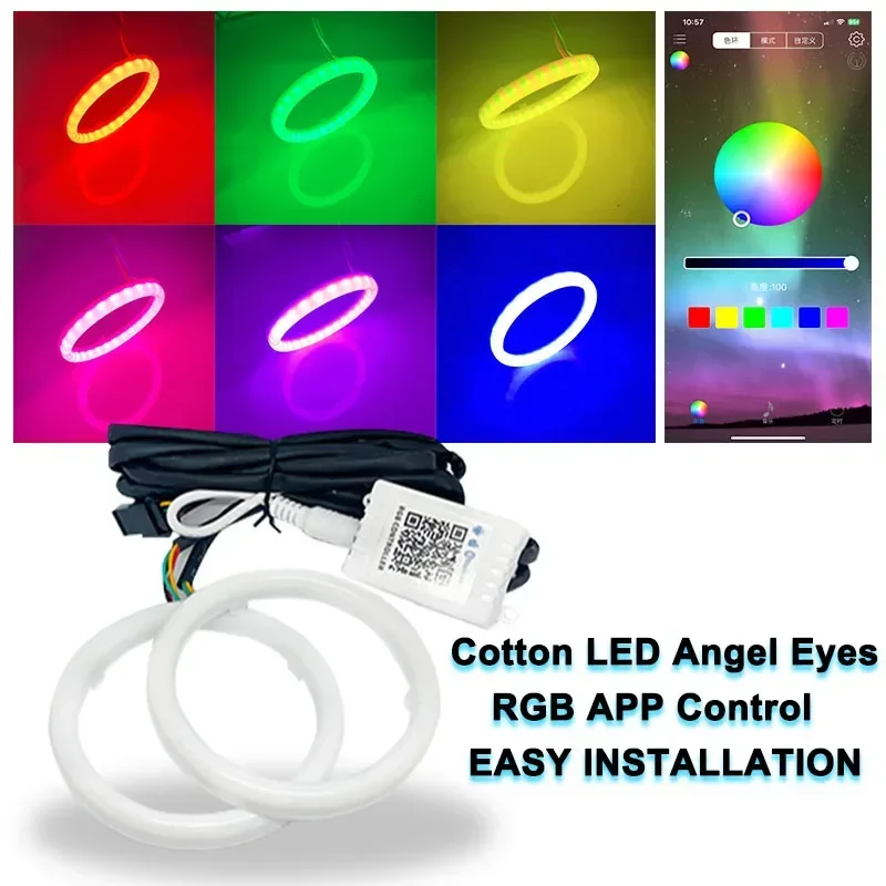 

12V RGB do jazdy dziennej Okrągłe COB Angel Eyes Halo Rings Samochodowy reflektor LED Bawełniane światła APP Control 60mm70mm 80mm 90mm 100mm